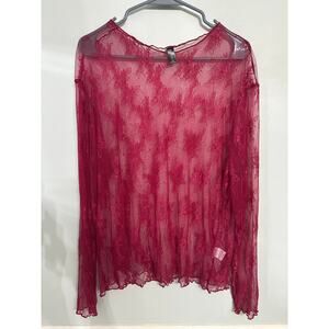 AYIFU Red Sheer Lace Top 3XL Long Sleeve Mesh Floral Blouse